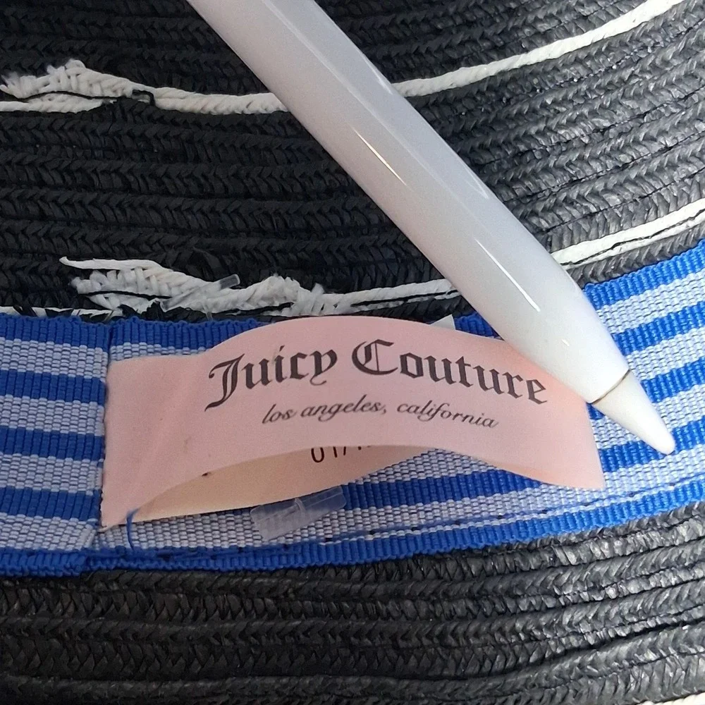 Juicy‎ Couture Black White Striped Straw Cloche Hat Blue Crown Pin YTRUH275 2012